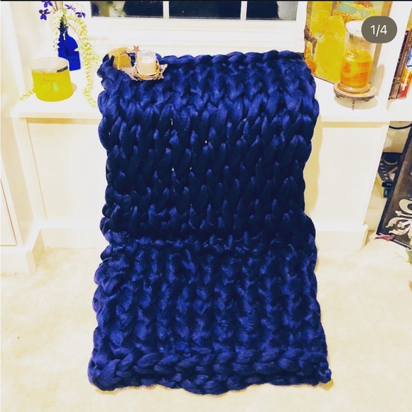 Chunky Knit Blanket Navy Blue Vegan 36”x60” Handmade Made To Order - Picture 3 of 5